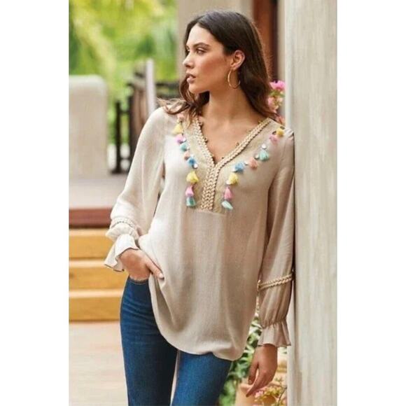 Soft Surroundings Clementine Tassel Tunic Blouse Size Large Pastel Artsy Boho - Picture 4 of 11